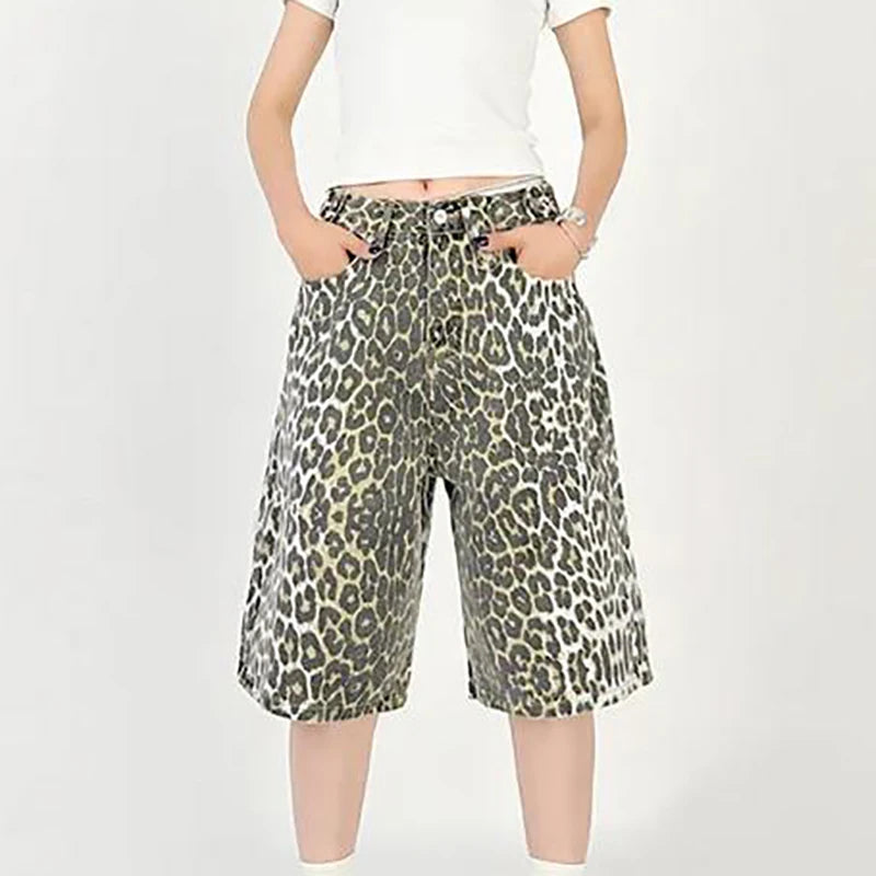 Vintage Leopard Print Baggy Denim Jorts