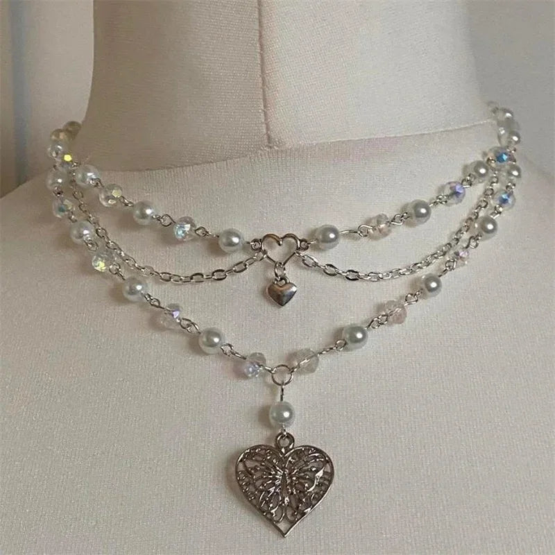 Pearls Butterfly Heart Fairycore Necklace