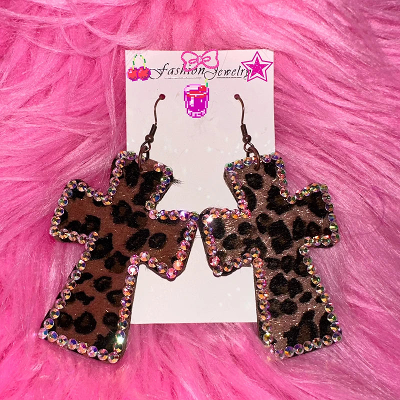 Leopard Print Cross Earrings