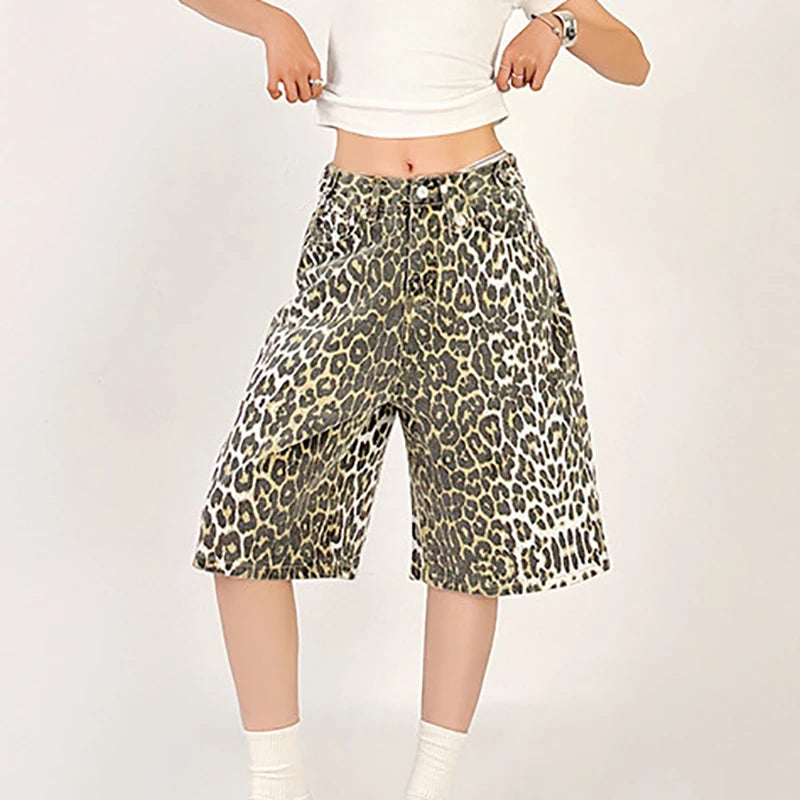 Vintage Leopard Print Baggy Denim Jorts