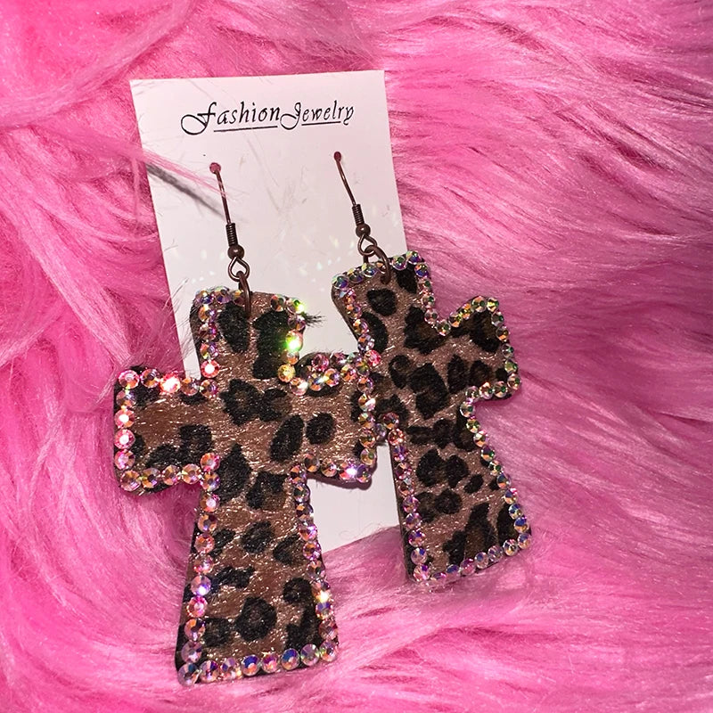 Leopard Print Cross Earrings