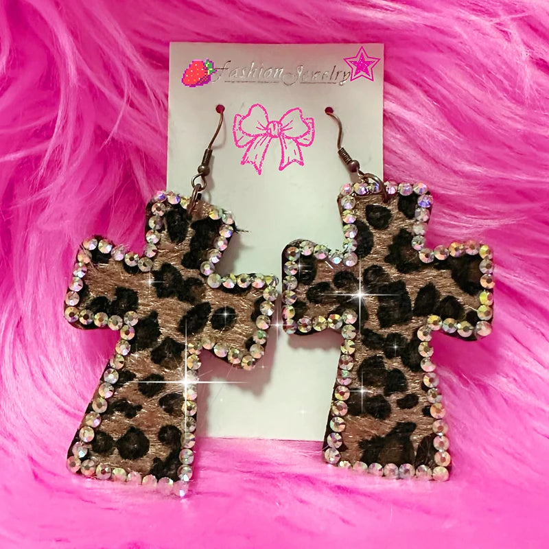 Leopard Print Cross Earrings